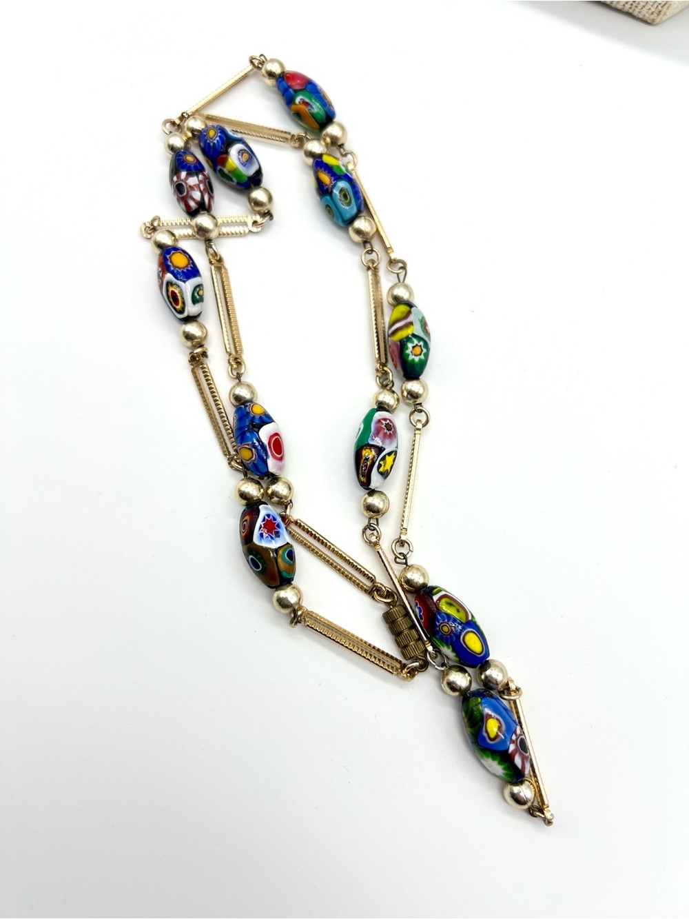 VINTAGE Italian Millefiori Glass Necklace • 30” Long • Gold Tone • Murano Style
